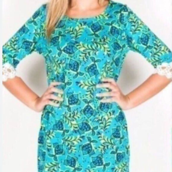 Tracy Negoshian Sheath Dress Blue Green Fish Floral Print Jersey Small - Picture 1 of 10